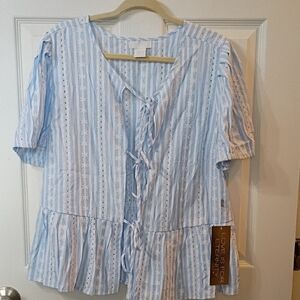 Women's Light Blue Striped Tie-Front Eyelet Blouse